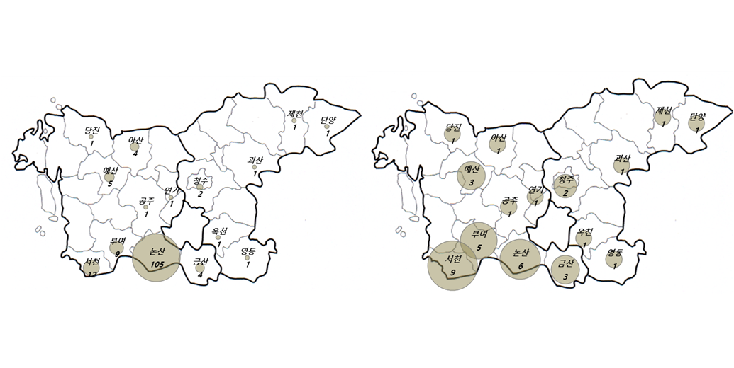 충청지역에서 확인된 기독교 희생자 149명(왼쪽)과 희생자 발생 교회 37곳(오른쪽). (사진=진실·화해를위한과거사정리위원회 제공)